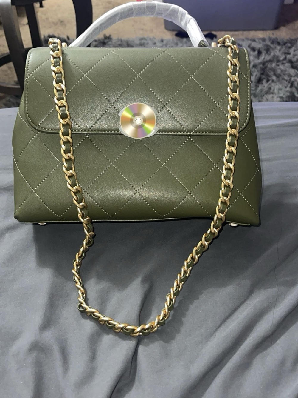 Quilted Olive Green Chain-Handle Shoulder Bag